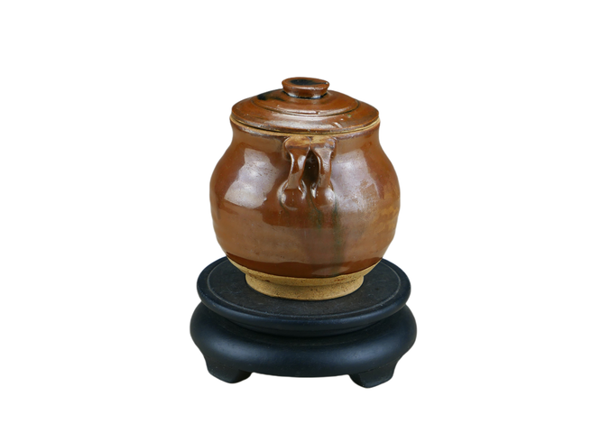 古玩陶瓷精品:明代耀州窯紫金釉四耳蓋罐(高品質)拍賣,當前價格350元