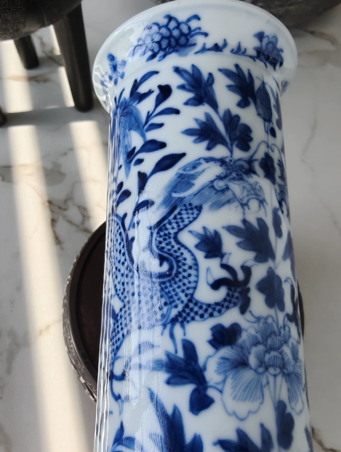 古玩陶瓷青花雙龍穿花紋花觚真品鑒賞圖