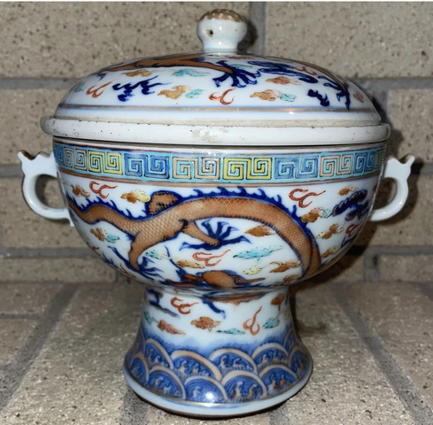 古玩陶瓷清光緒 青花加彩雙耳暖鍋真品鑒賞圖