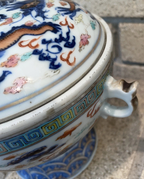古玩陶瓷清光緒 青花加彩雙耳暖鍋真品鑒賞圖