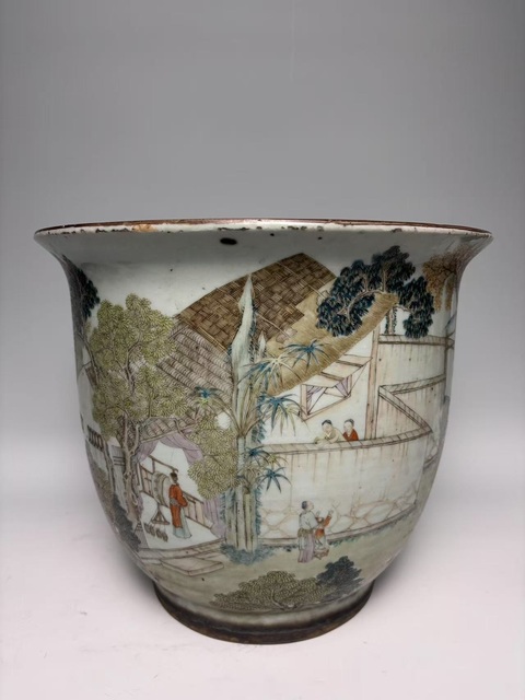 古玩陶瓷淺絳山水人物故事花盆真品鑒賞圖