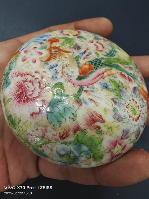 古玩陶瓷民國細(xì)路粉彩百花鳳紋印泥盒真品鑒賞圖