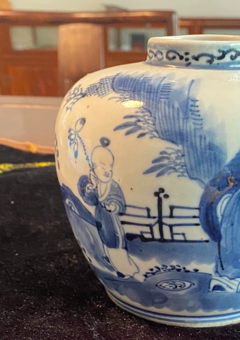 古玩陶瓷青花人物故事罐真品鑒賞圖