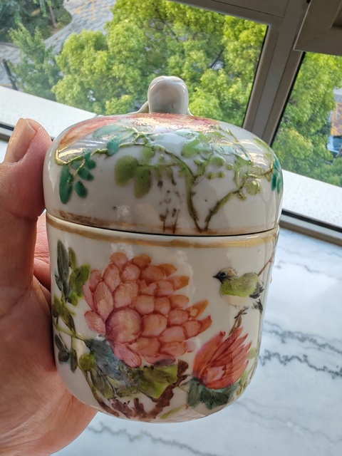 古玩陶瓷淺絳花鳥溫酒蓋罐真品鑒賞圖
