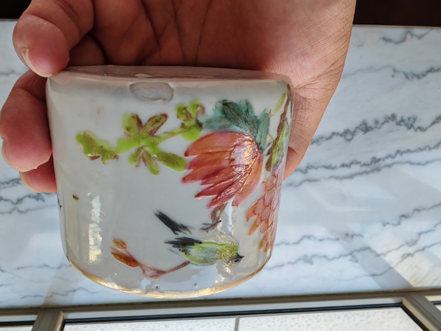 古玩陶瓷淺絳花鳥溫酒蓋罐真品鑒賞圖