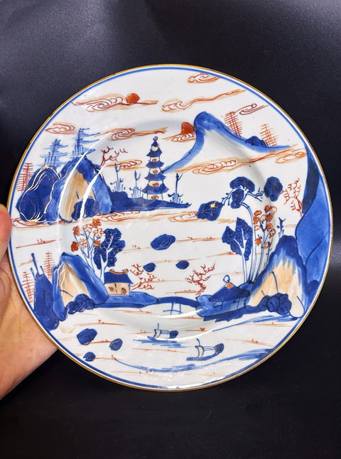 古玩陶瓷青花礬紅山水人物盤真品鑒賞圖