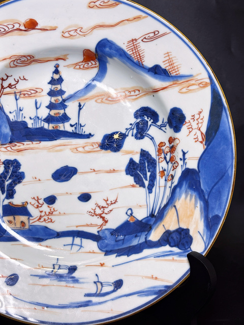 古玩陶瓷青花礬紅山水人物盤真品鑒賞圖
