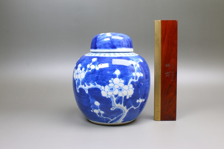 古玩陶瓷清晚期·青花留白折枝冰梅紋蓋罐拍賣，當前價格336元