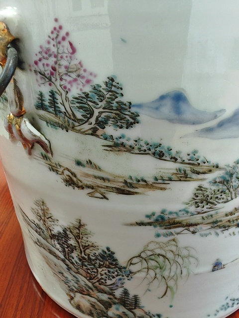 古玩陶瓷清光緒 淺絳山水蓋缸真品鑒賞圖