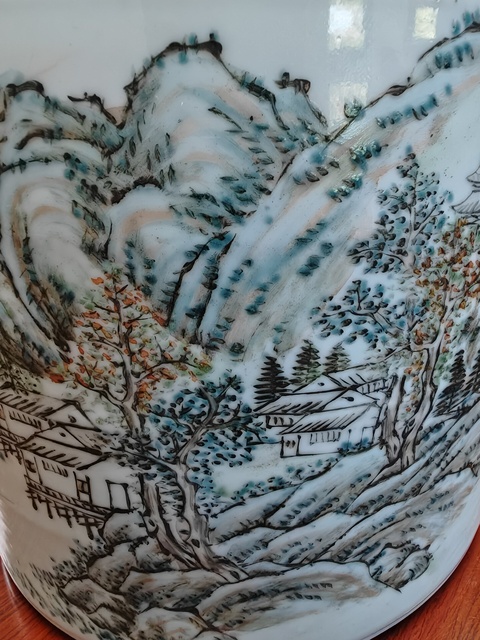 古玩陶瓷清光緒 淺絳山水蓋缸真品鑒賞圖