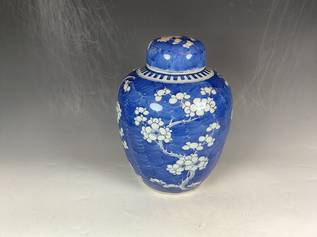 古玩陶瓷清晚正倒枝冰梅紋青花蓋罐真品鑒賞圖