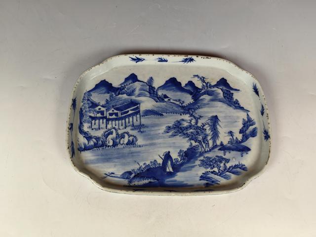 古玩陶瓷清中晚風(fēng)景山水人物紋青花茶盤真品鑒賞圖