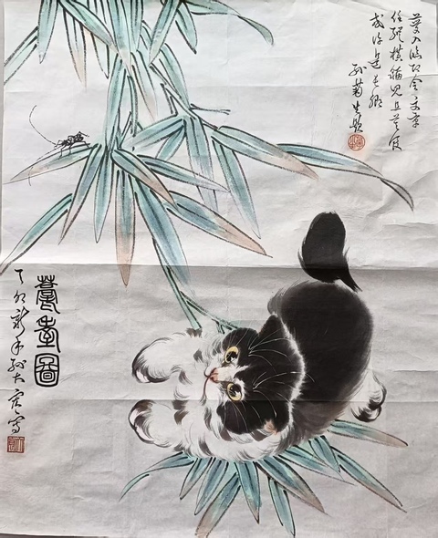 古玩字畫國畫小寫意貓戲圖真品鑒賞圖