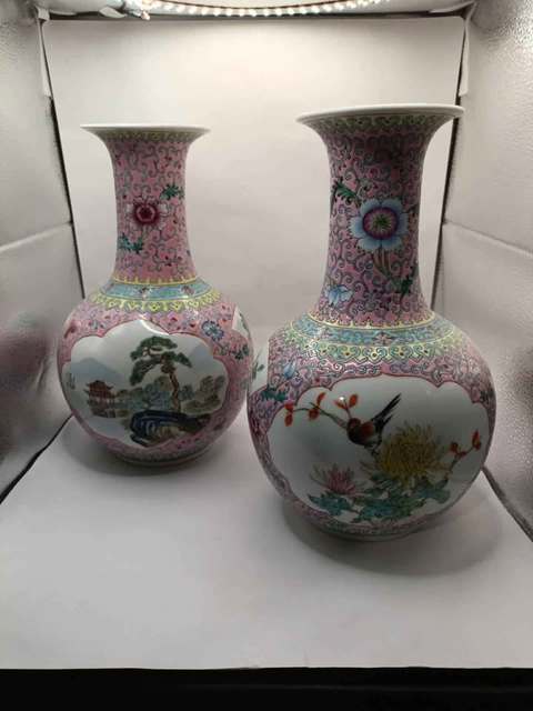 古玩陶瓷粉彩開窗花卉花鳥紋賞瓶真品鑒賞圖