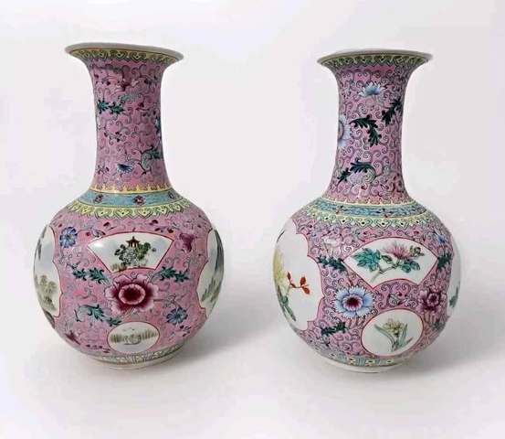 古玩陶瓷粉彩開窗花卉花鳥紋賞瓶真品鑒賞圖
