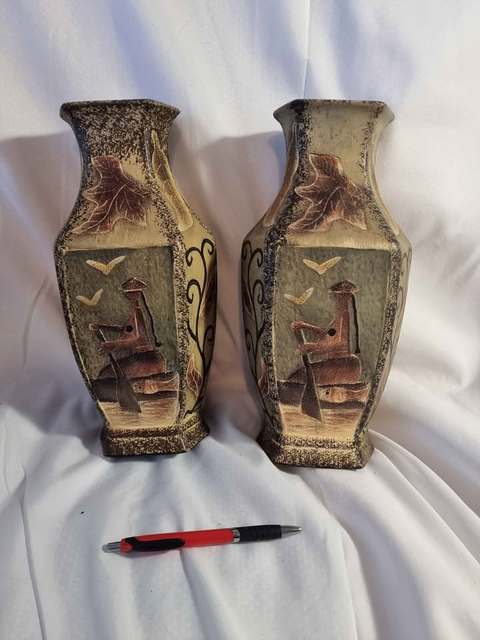 古玩陶瓷黑陶帶彩六方瓶一對真品鑒賞圖