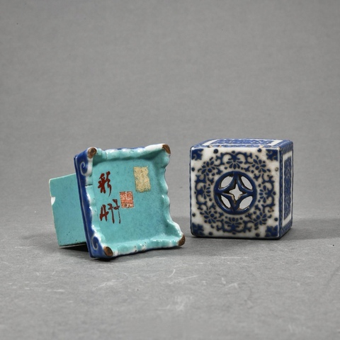 古玩陶瓷清乾隆 藍料彩四方糊斗真品鑒賞圖