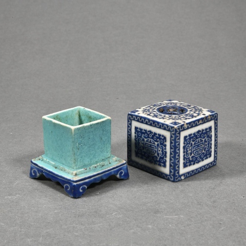 古玩陶瓷清乾隆 藍料彩四方糊斗真品鑒賞圖