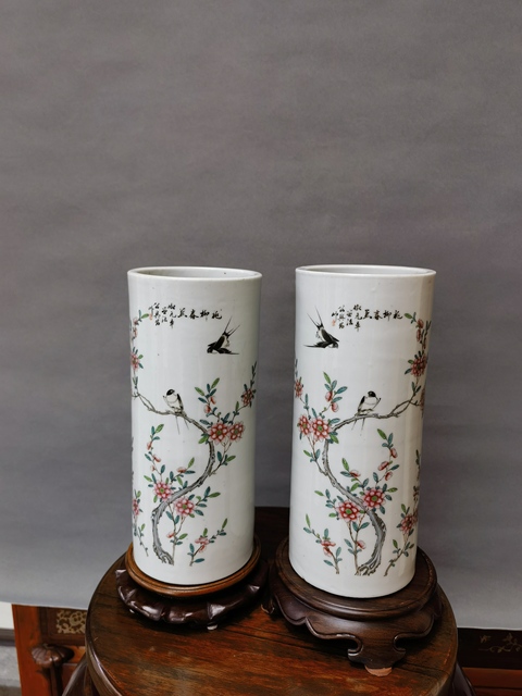 古玩陶瓷粉彩花鳥紋帽筒真品鑒賞圖