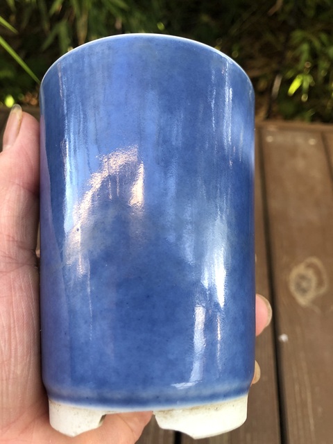 古玩陶瓷新仿清代灑藍釉花盆真品鑒賞圖
