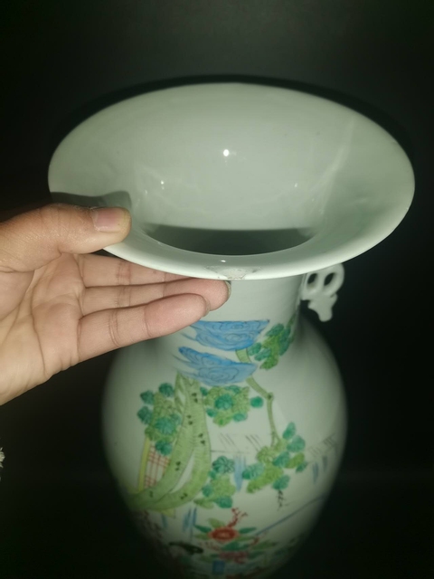 古玩陶瓷三娘教子圖雙松葉耳撇口瓶真品鑒賞圖
