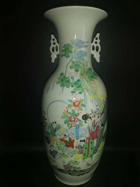 古玩陶瓷三娘教子圖雙松葉耳撇口瓶真品鑒賞圖