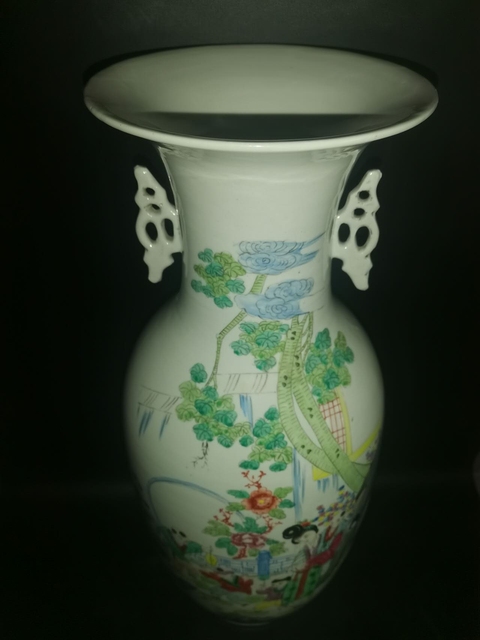 古玩陶瓷三娘教子圖雙松葉耳撇口瓶真品鑒賞圖