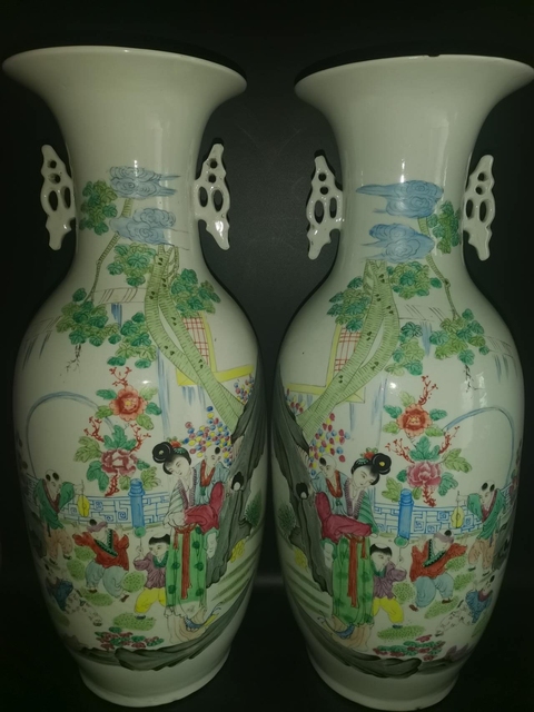 古玩陶瓷三娘教子圖雙松葉耳撇口瓶真品鑒賞圖