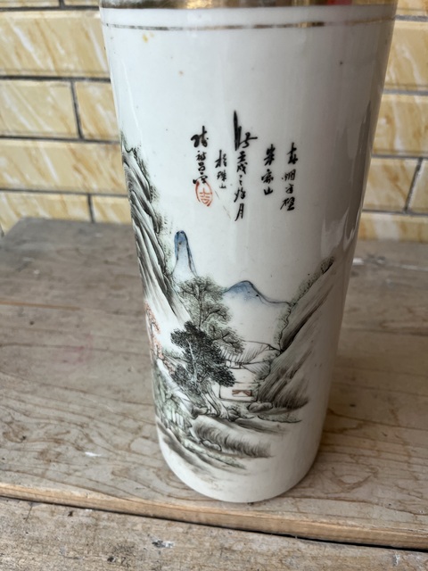 古玩陶瓷山水紋帽筒真品鑒賞圖