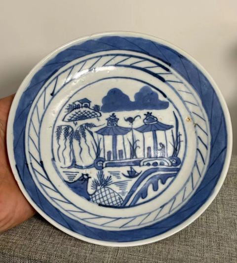 古玩陶瓷青花山水紋盤真品鑒賞圖