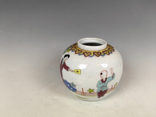 古玩陶瓷民國仕女嬰戲粉彩罐真品鑒賞圖