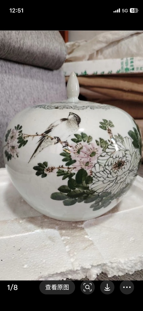古玩陶瓷花鳥紋西瓜罐真品鑒賞圖
