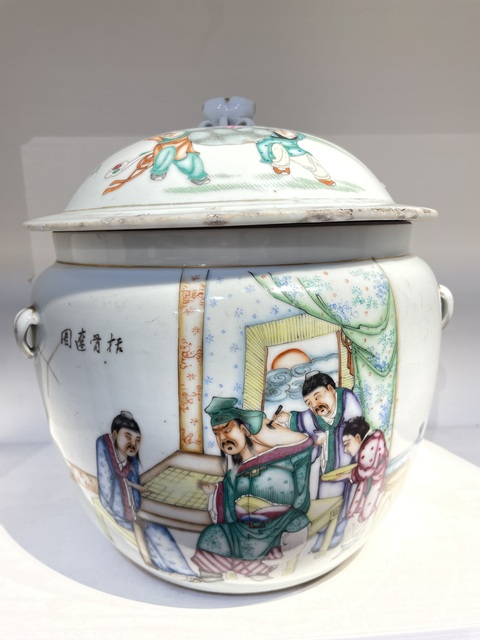 古玩陶瓷粉彩人物故事粥罐真品鑒賞圖