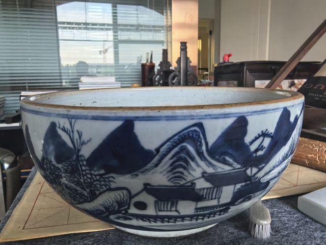 古玩陶瓷青化山水研缽真品鑒賞圖