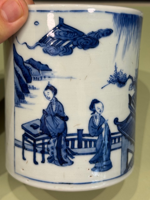 古玩陶瓷西廂記青花筆筒真品鑒賞圖