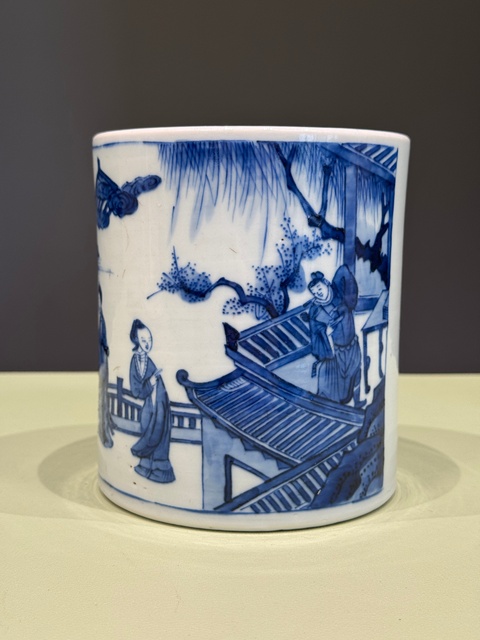 古玩陶瓷西廂記青花筆筒真品鑒賞圖