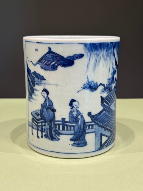 古玩陶瓷西廂記青花筆筒真品鑒賞圖
