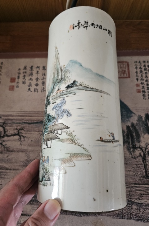 古玩陶瓷山水紋帽筒真品鑒賞圖
