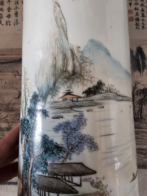 古玩陶瓷山水紋帽筒真品鑒賞圖