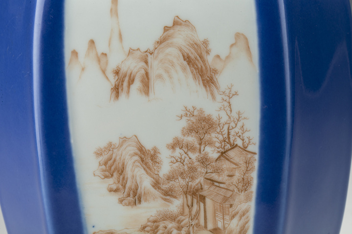 古玩陶瓷民國(guó)·藍(lán)釉開(kāi)窗粉彩山水人物紋六方瓶拍賣，當(dāng)前價(jià)格0元
