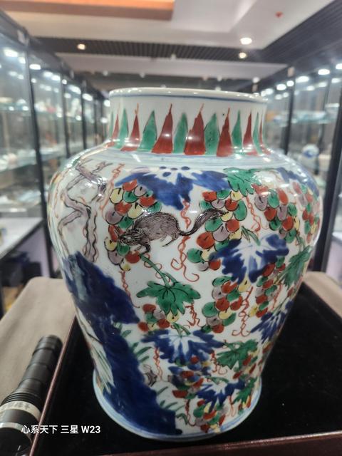 古玩陶瓷青花五彩松鼠葡萄紋將軍罐真品鑒賞圖
