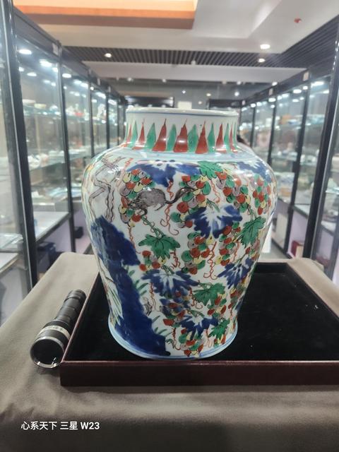 古玩陶瓷青花五彩松鼠葡萄紋將軍罐真品鑒賞圖