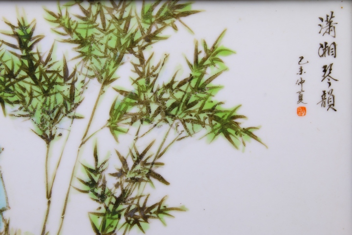 古玩陶瓷解放初期·粉彩紅樓夢庭院撫琴故事紋瓷板拍賣，當前價格756元