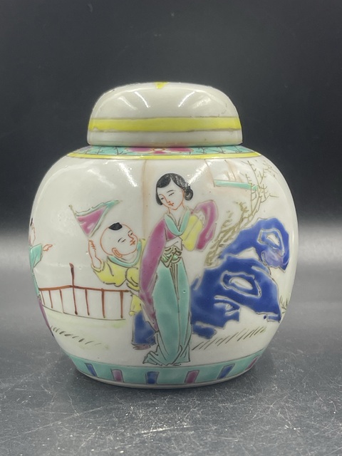 古玩陶瓷三娘教子圖粉彩罐真品鑒賞圖