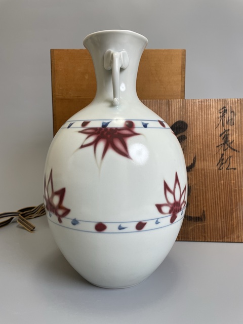 古玩陶瓷清中期 青花釉里紅雙象耳花瓶真品鑒賞圖