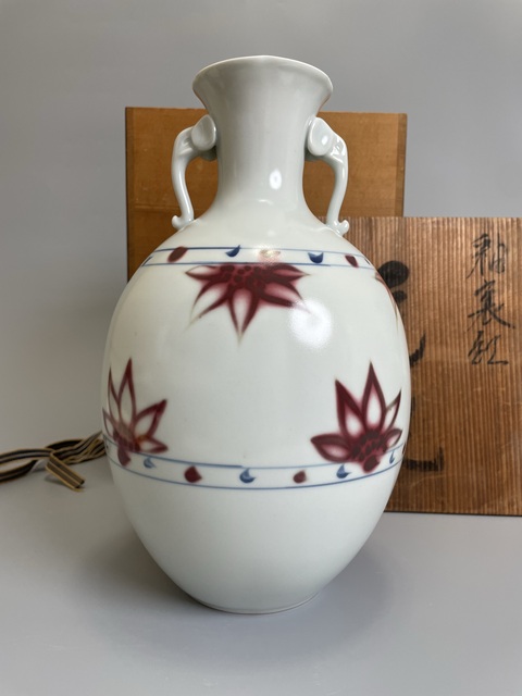 古玩陶瓷清中期 青花釉里紅雙象耳花瓶真品鑒賞圖