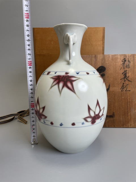 古玩陶瓷清中期 青花釉里紅雙象耳花瓶真品鑒賞圖