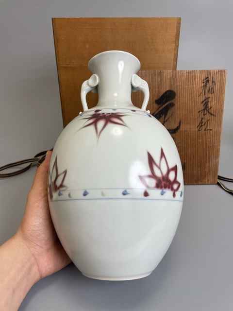 古玩陶瓷清中期 青花釉里紅雙象耳花瓶真品鑒賞圖