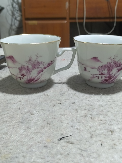 古玩陶瓷粉彩胭脂紅山水庭閣描金把杯一對(duì)真品鑒賞圖