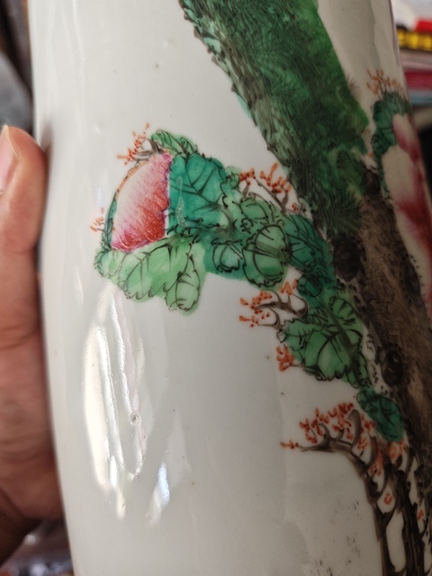 古玩陶瓷民國粉彩瑞鶴花卉紋帽筒真品鑒賞圖